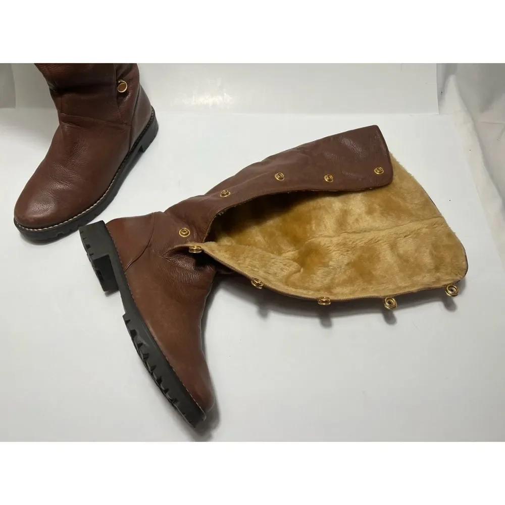 Michael Kors Womens Riding Boots Brown Leather Knee High Faux Fur Lined 8.5 M